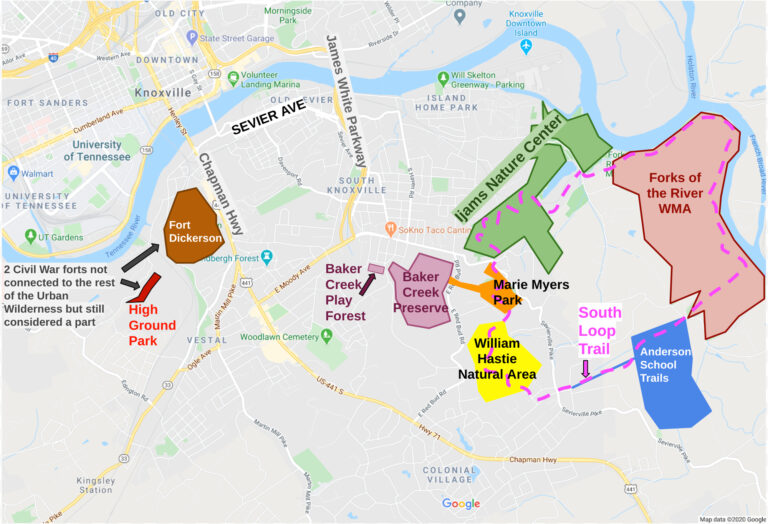 Map of the 8 member parks that make up Knoxville's Urban Wilderness