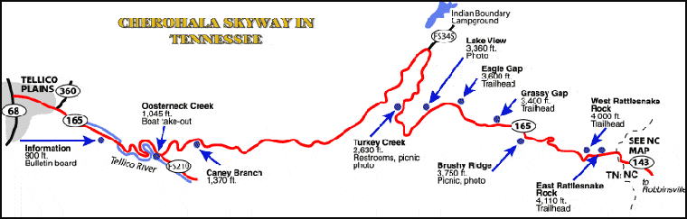 Map showing start and end of the Cherohala Skyway in East Tennessee