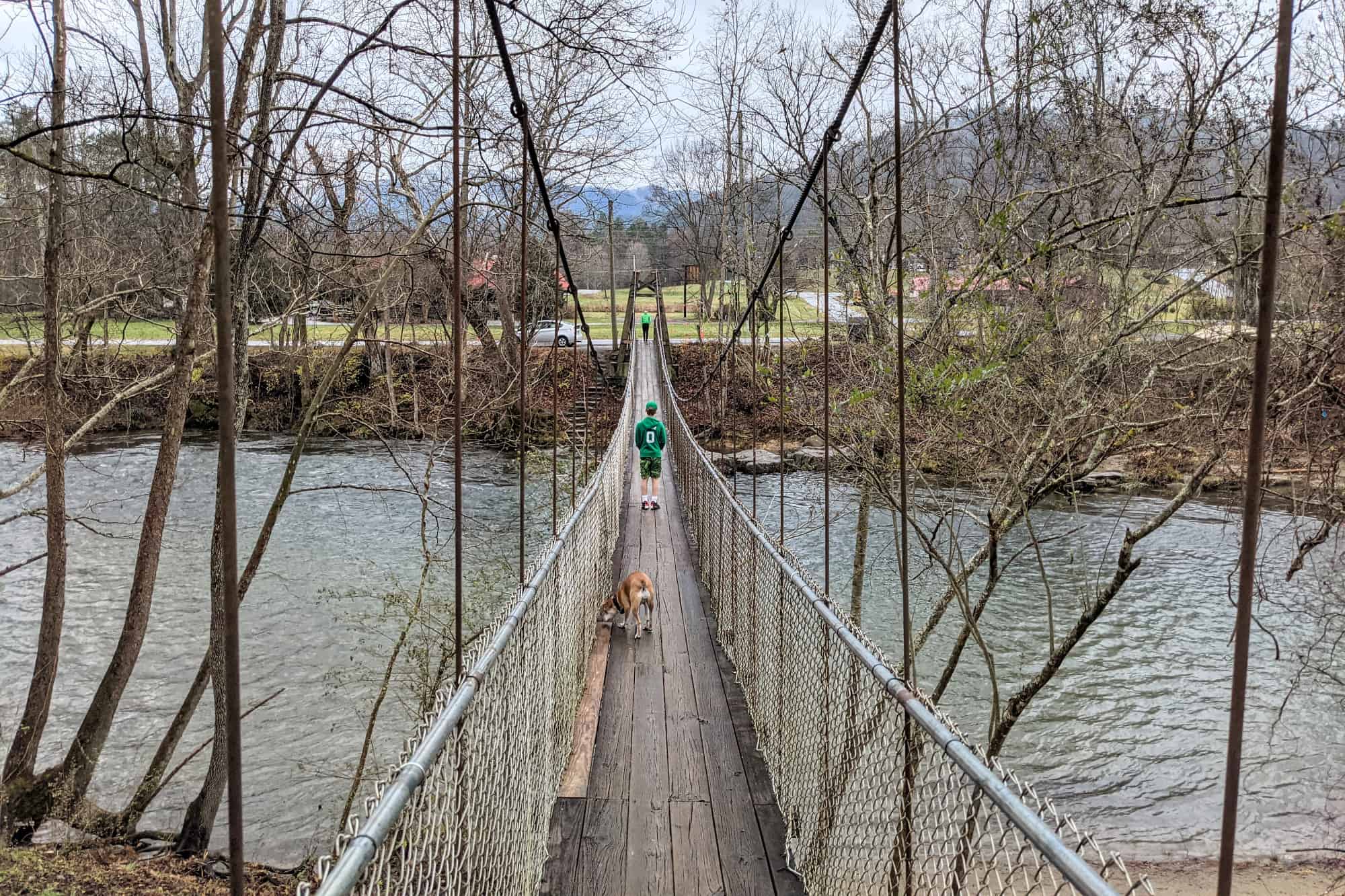 Kids walking across a swinging bridge in Townsend, TN