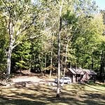 A small wooden cabin surrounded by a dense forest with green trees. A car is parked nearby, and a picnic table is visible. Sunlight filters through the trees, creating dappled shadows on the ground.